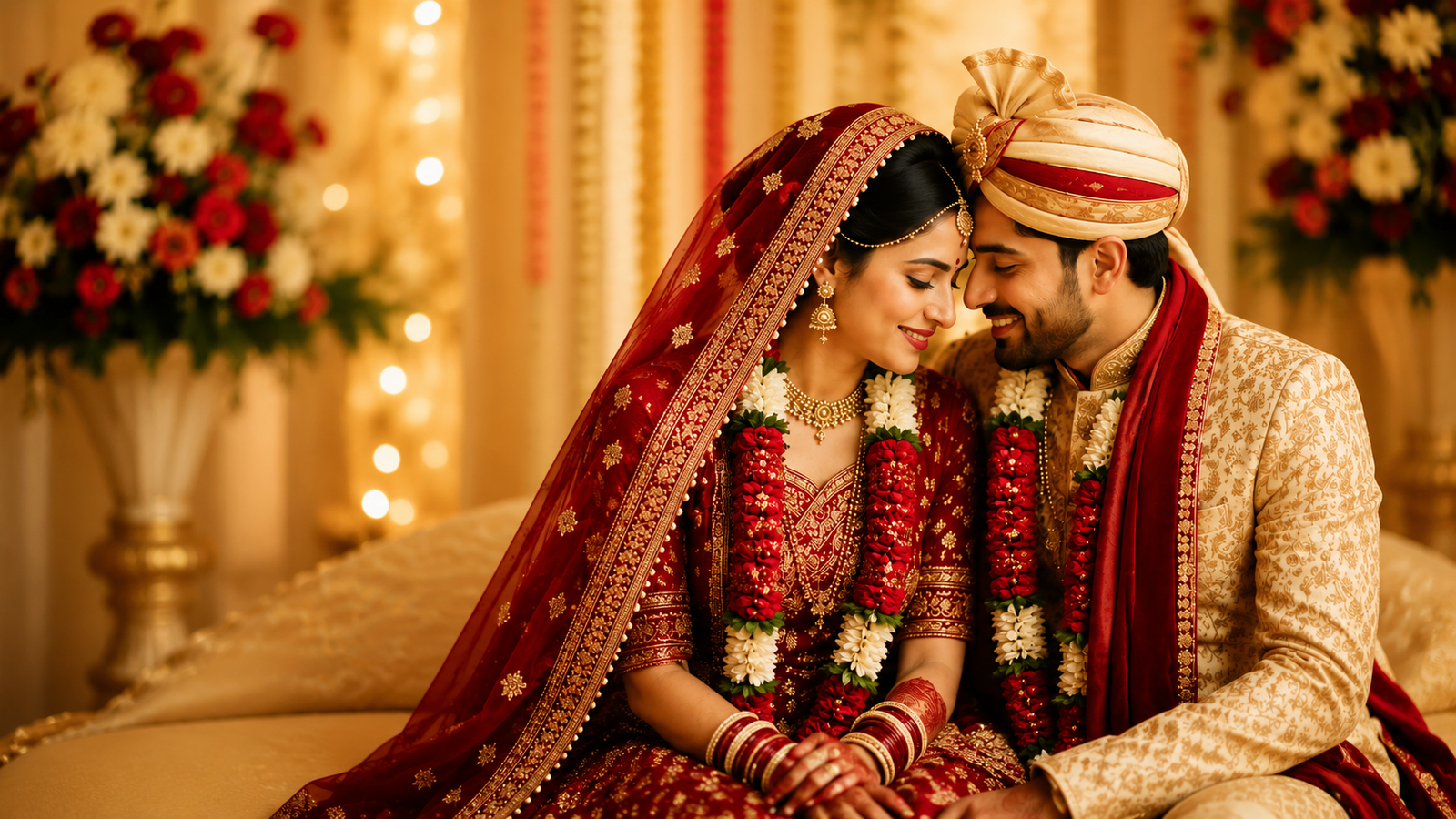 Happy Indian couple in traditional wedding attire